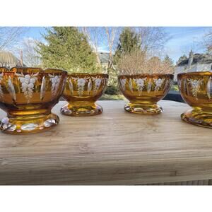 Vintage Moser Amber Cut to Clear Glass Bowls 3-7/8” Hand-Signed MP- Set of 4